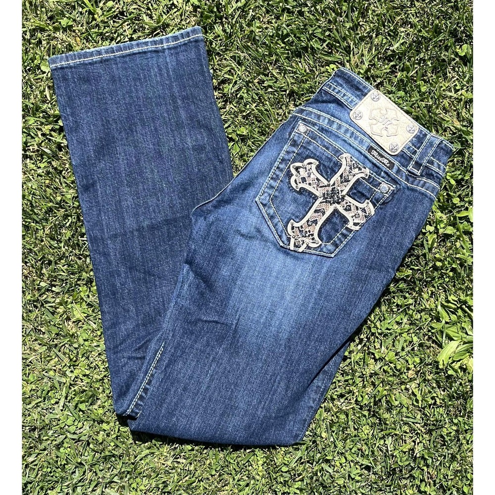 Miss Me Jeans Womens 29 Blue Mid Rise Easy Boot Cross Pocket Stretch Denim - Picture 2 of 12